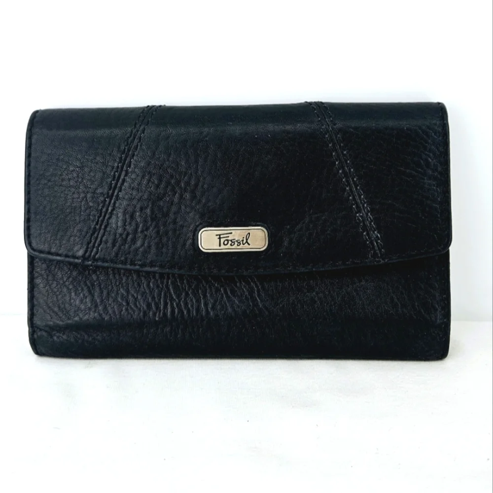Fossil Black Leather Tri-Fold Organizer Wallet Checkbook Clutch
